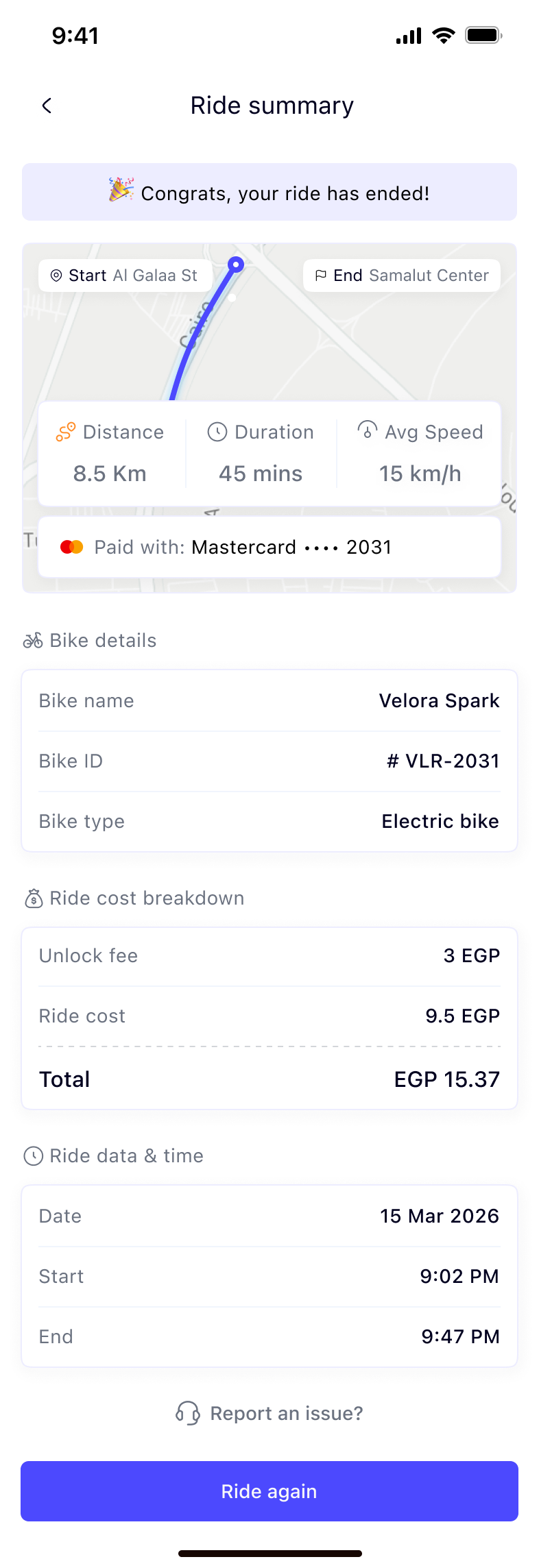 Ride summary with distance, duration, cost breakdown and payment method
